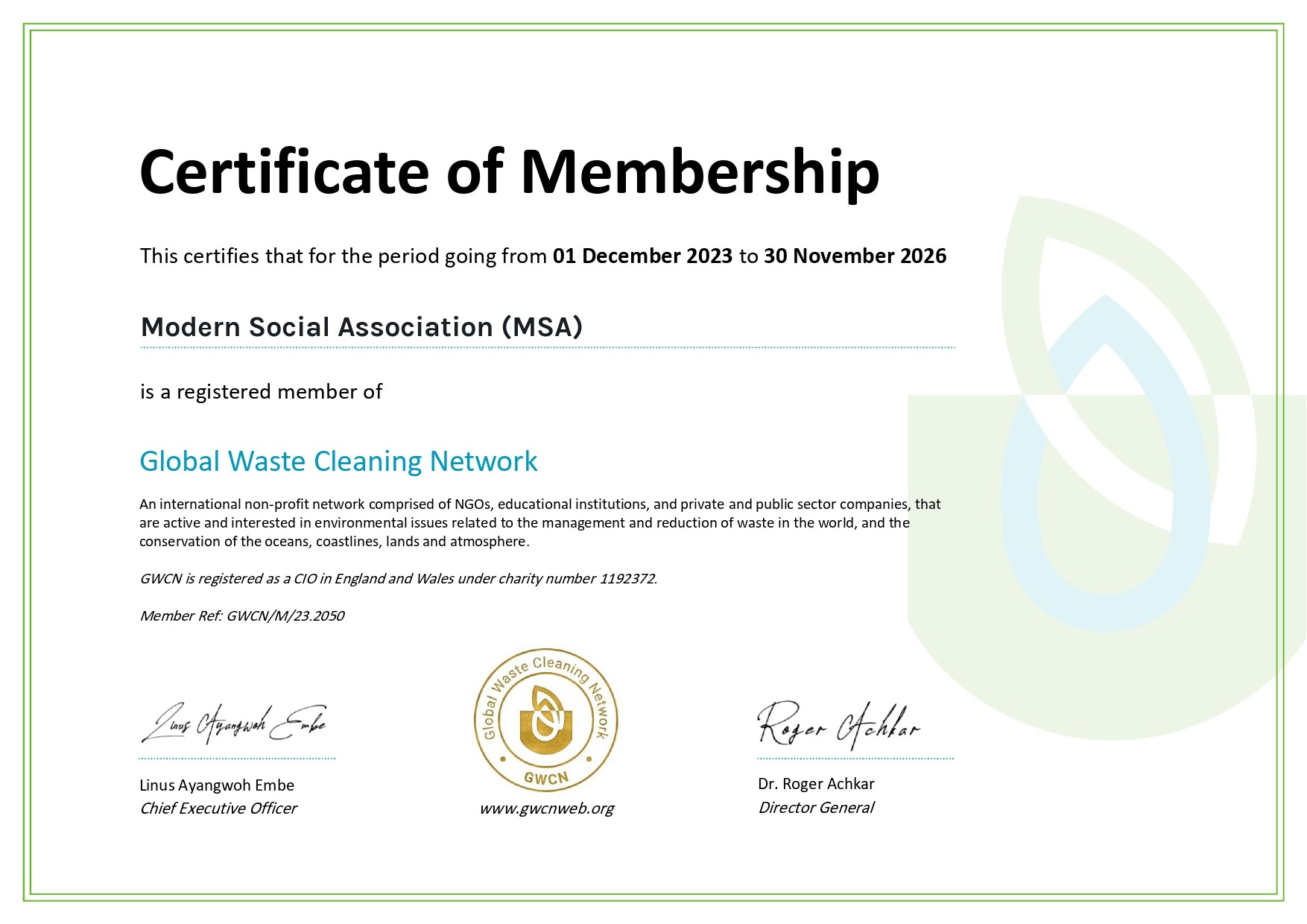Membership of the Modern Social Association in the Global Waste Cleaning Network